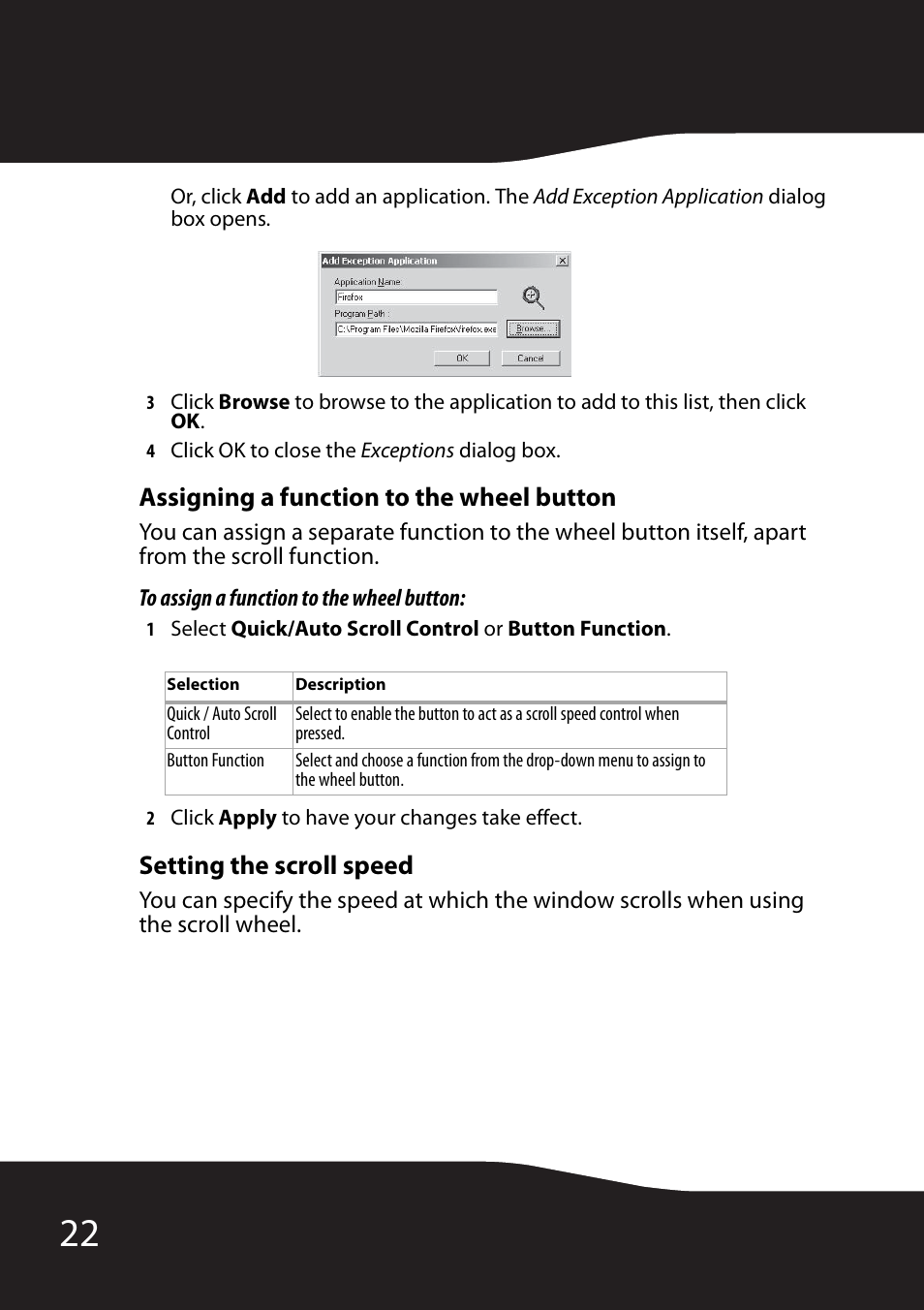 Assigning a function to the wheel button, Setting the scroll speed | RocketFish RF-MSE12 User Manual | Page 22 / 32