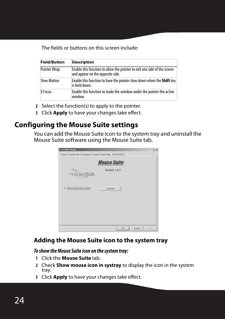 Configuring the mouse suite settings, Adding the mouse suite icon to the system tray | RocketFish RF-MSE12 User Manual | Page 24 / 32