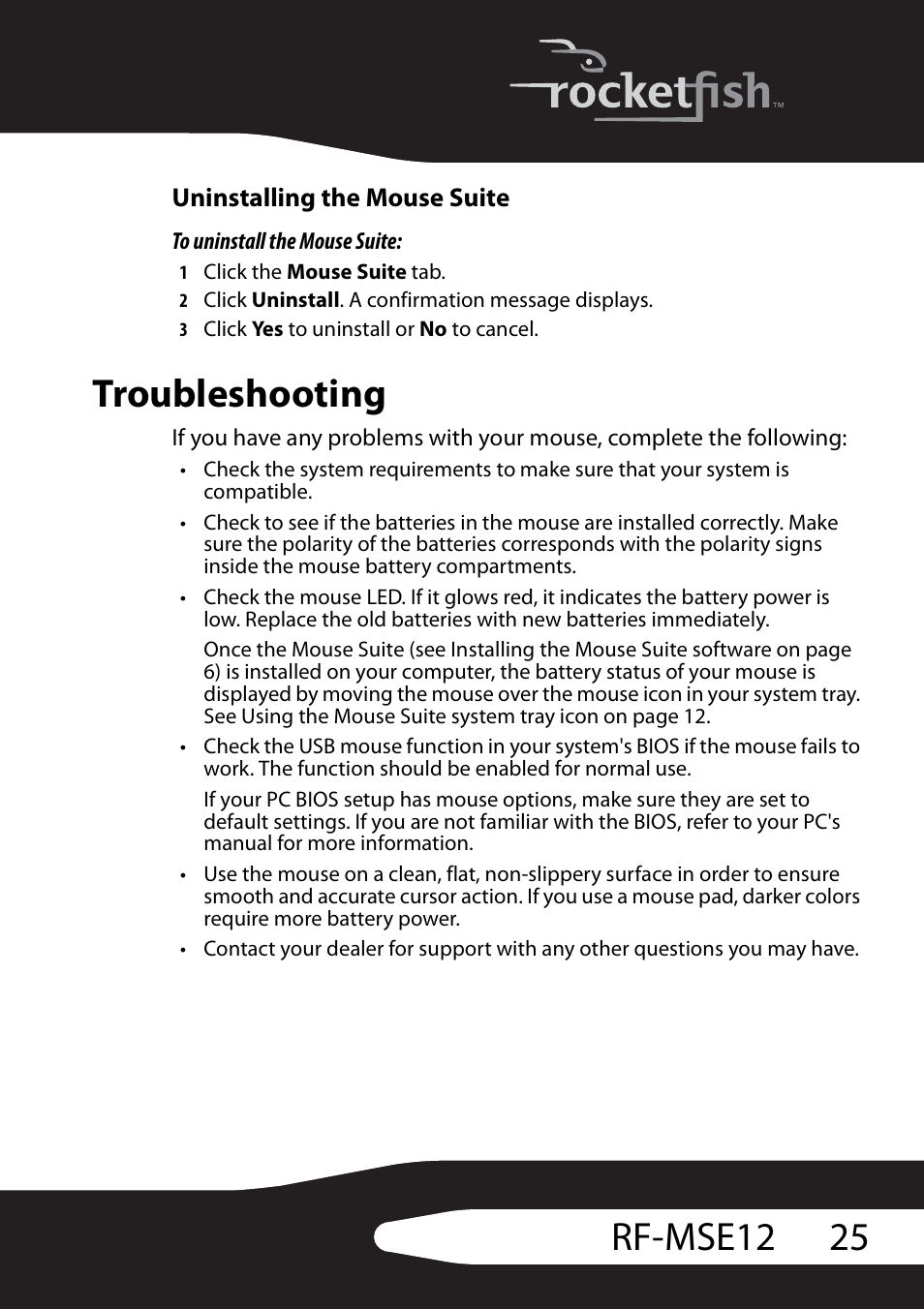 Uninstalling the mouse suite, Troubleshooting, 25 rf-mse12 | RocketFish RF-MSE12 User Manual | Page 25 / 32