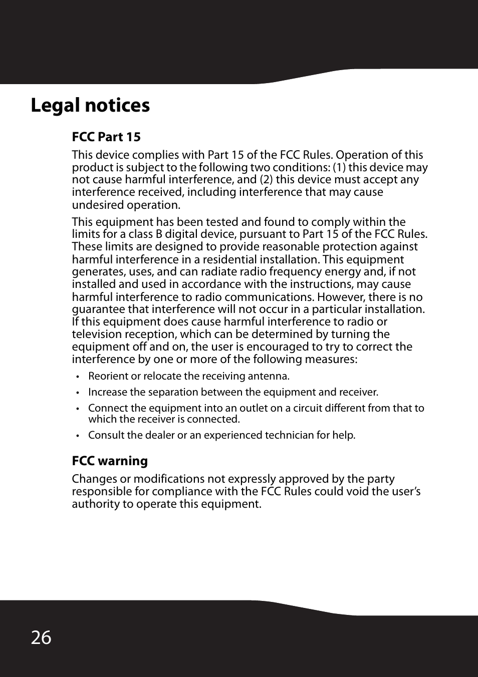 Legal notices, Fcc part 15, Fcc warning | 26 legal notices | RocketFish RF-MSE12 User Manual | Page 26 / 32