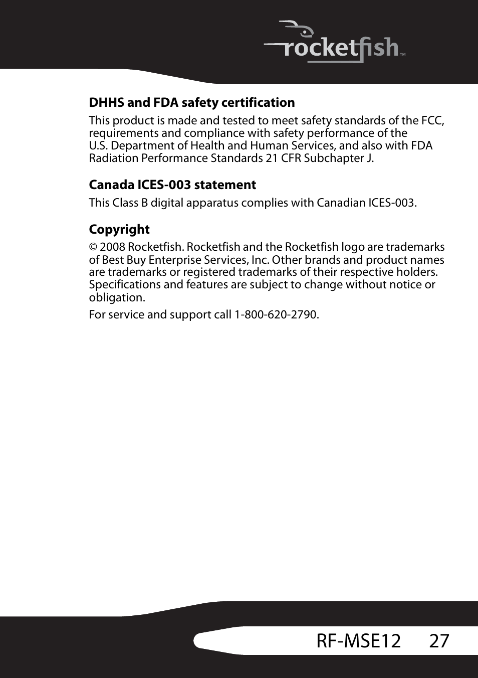 Dhhs and fda safety certification, Canada ices-003 statement, Copyright | 27 rf-mse12 | RocketFish RF-MSE12 User Manual | Page 27 / 32