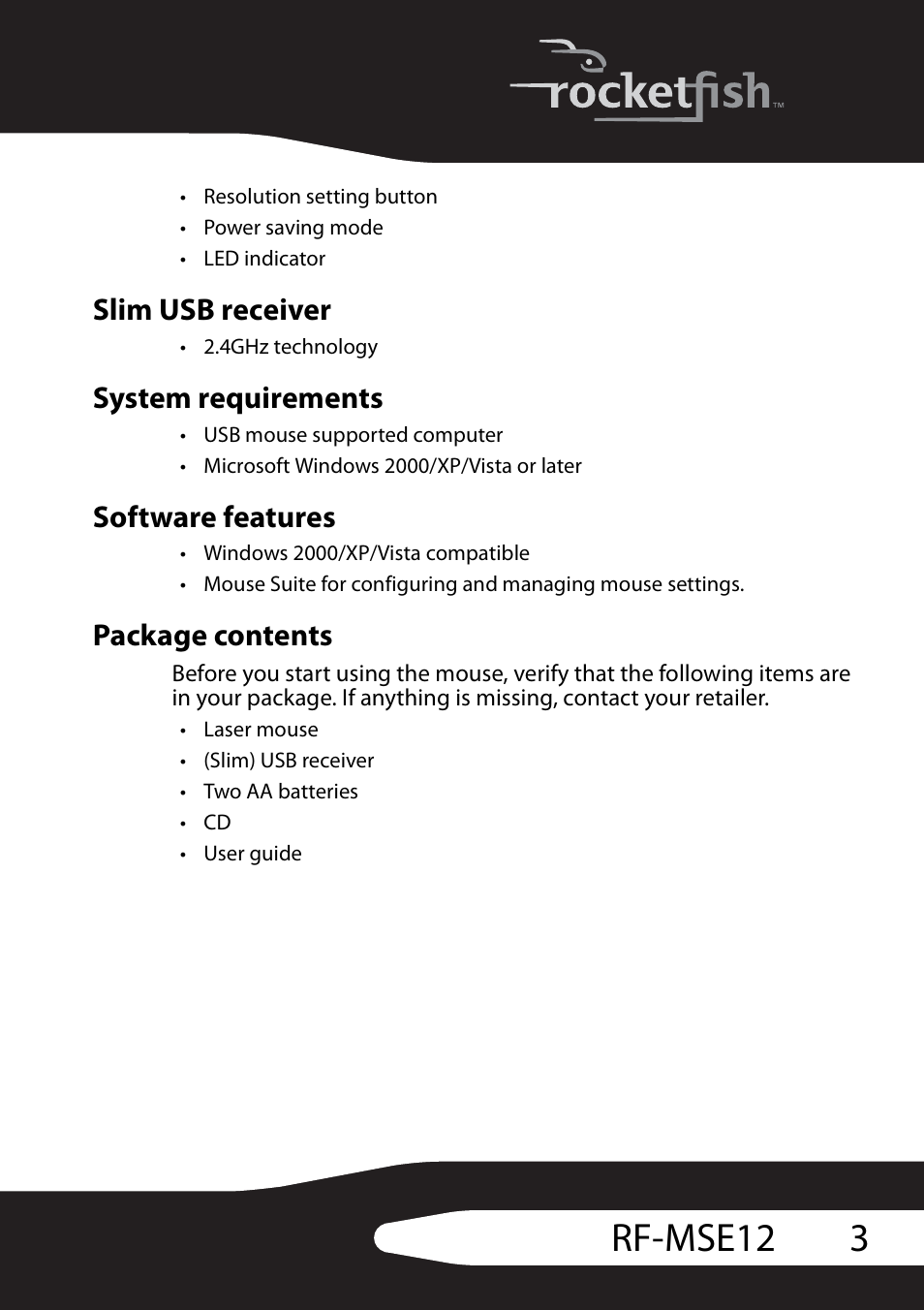 Slim usb receiver, System requirements, Software features | Package contents, 3rf-mse12 | RocketFish RF-MSE12 User Manual | Page 3 / 32