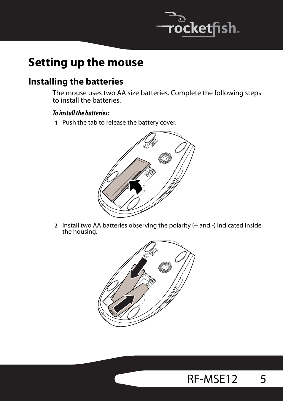 Setting up the mouse, Installing the batteries, 5rf-mse12 setting up the mouse | RocketFish RF-MSE12 User Manual | Page 5 / 32