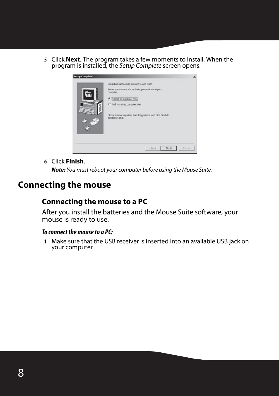 Connecting the mouse, Connecting the mouse to a pc | RocketFish RF-MSE12 User Manual | Page 8 / 32