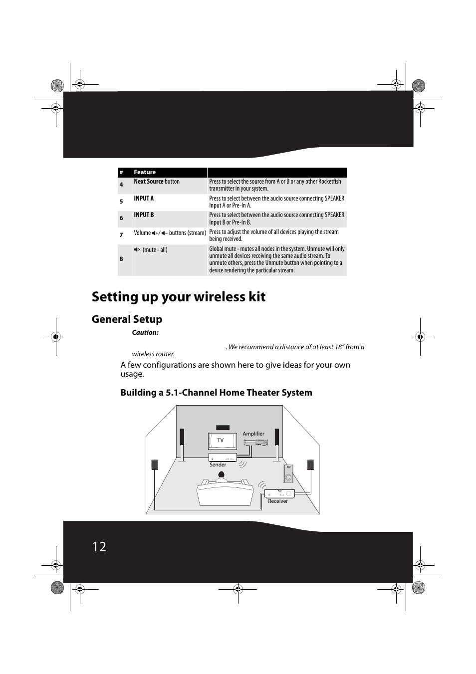 Setting up your wireless kit, General setup, Building a 5.1-channel home theater system | 12 setting up your wireless kit | RocketFish RF-RBWS02 User Manual | Page 12 / 37