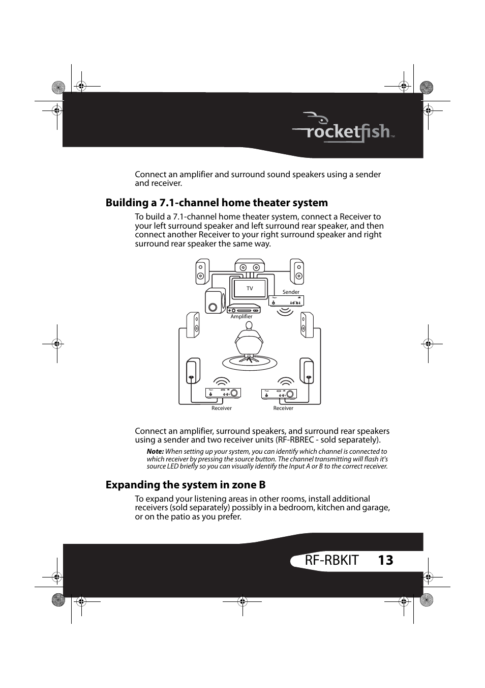 Building a 7.1-channel home theater system, Expanding the system in zone b, 13 rf-rbkit | RocketFish RF-RBWS02 User Manual | Page 13 / 37