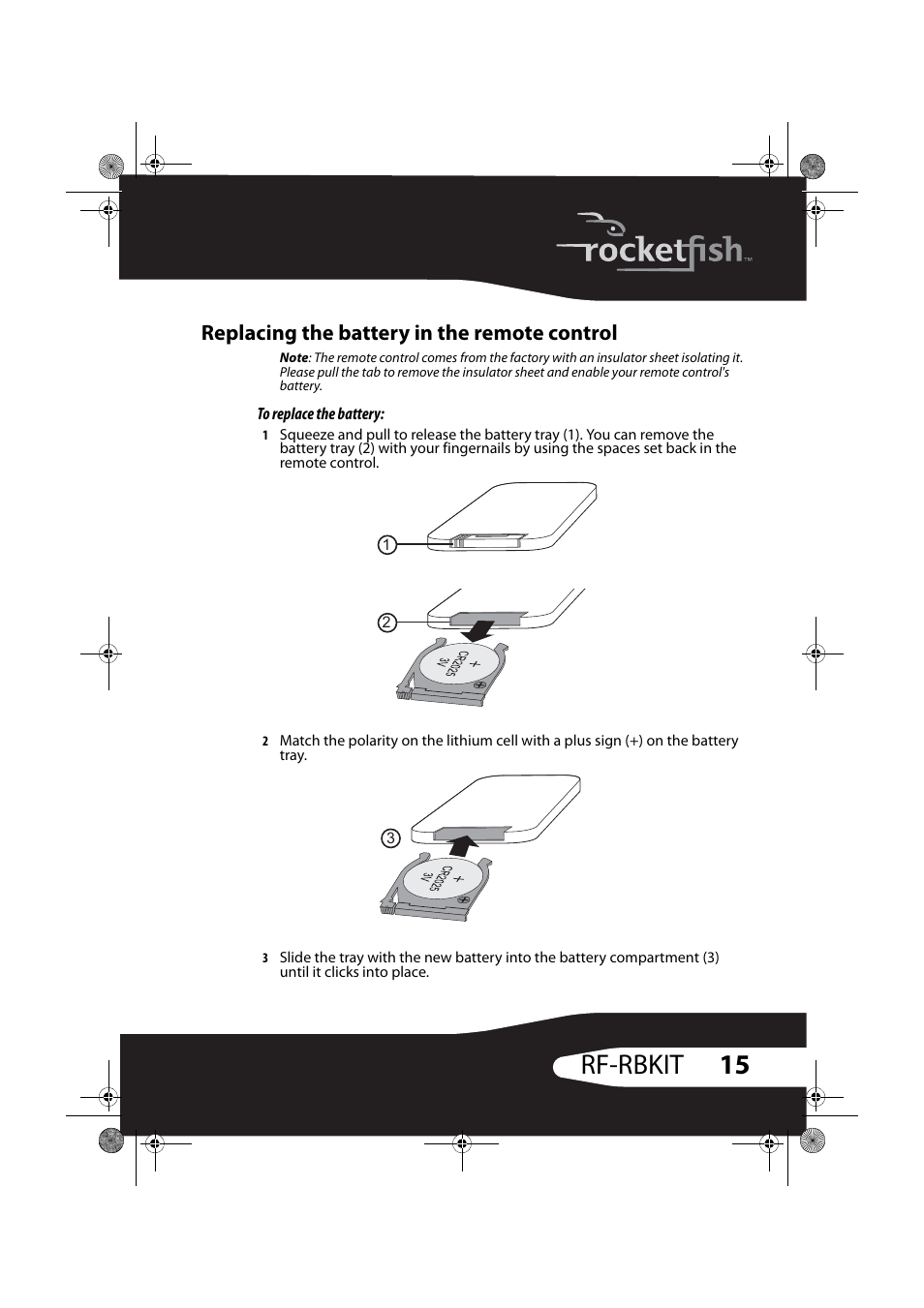 Replacing the battery in the remote control, 15 rf-rbkit | RocketFish RF-RBWS02 User Manual | Page 15 / 37