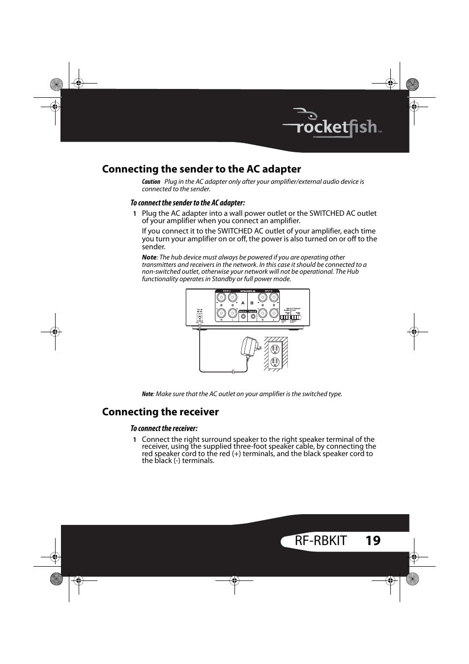 Connecting the sender to the ac adapter, Connecting the receiver, 19 rf-rbkit | RocketFish RF-RBWS02 User Manual | Page 19 / 37