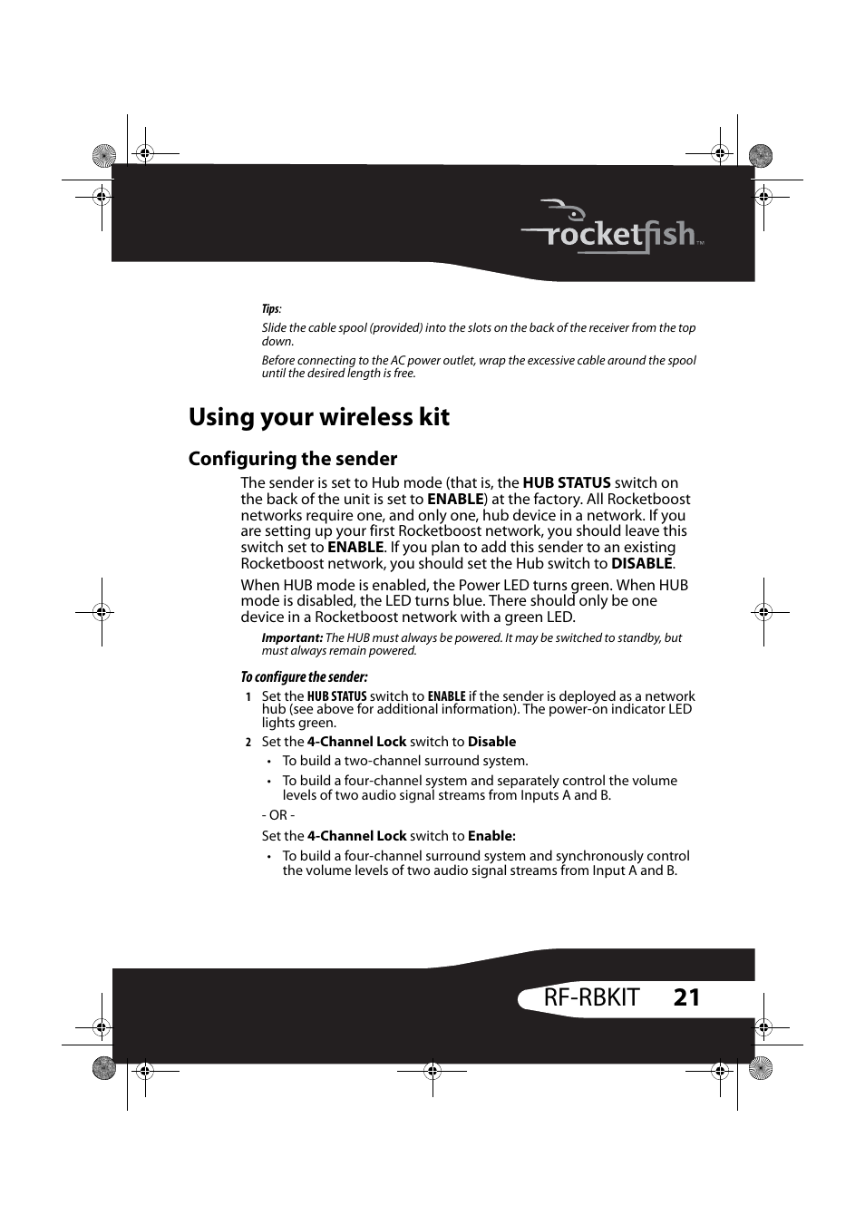 Using your wireless kit, Configuring the sender, 21 rf-rbkit | RocketFish RF-RBWS02 User Manual | Page 21 / 37
