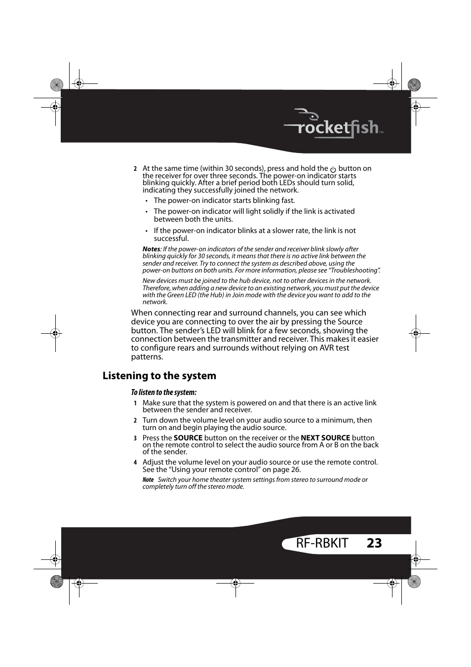 Listening to the system, 23 rf-rbkit | RocketFish RF-RBWS02 User Manual | Page 23 / 37