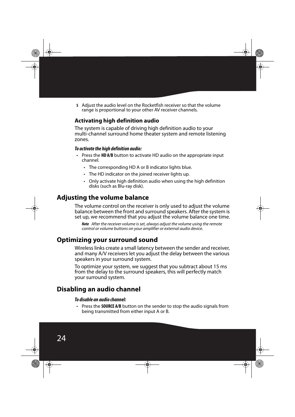 Activating high definition audio, Adjusting the volume balance, Optimizing your surround sound | Disabling an audio channel | RocketFish RF-RBWS02 User Manual | Page 24 / 37