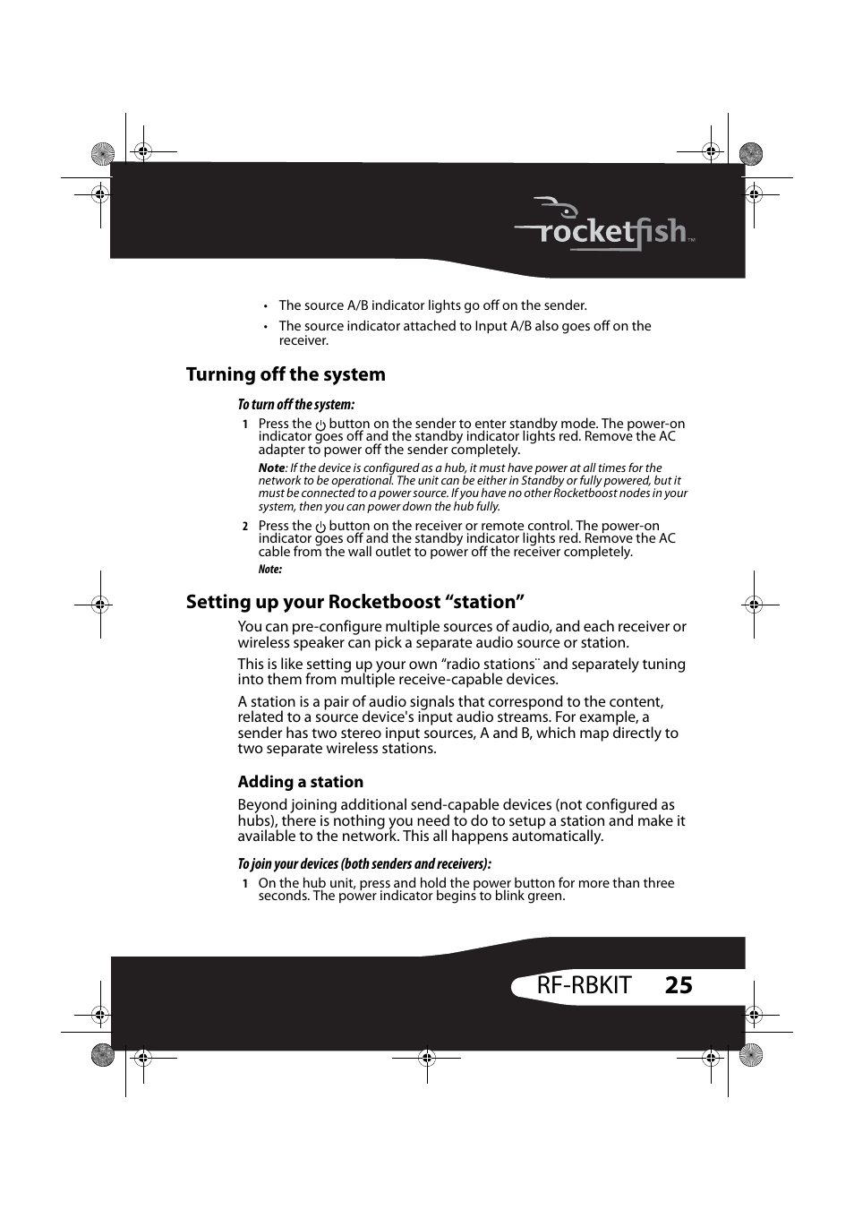 Turning off the system, Setting up your rocketboost “station, Adding a station | 25 rf-rbkit | RocketFish RF-RBWS02 User Manual | Page 25 / 37