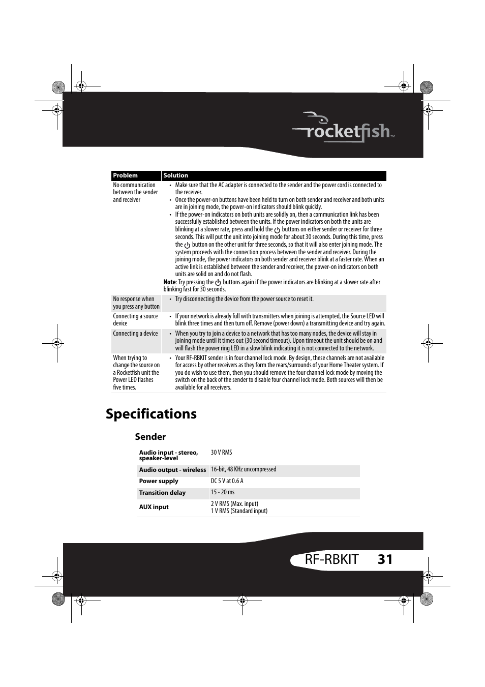 Specifications, Sender, 31 rf-rbkit specifications | RocketFish RF-RBWS02 User Manual | Page 31 / 37