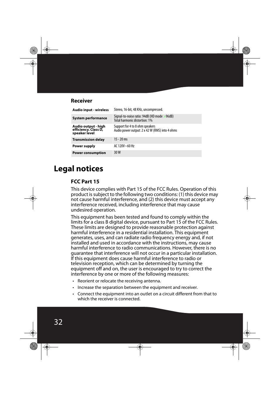 Receiver, Legal notices, Fcc part 15 | RocketFish RF-RBWS02 User Manual | Page 32 / 37