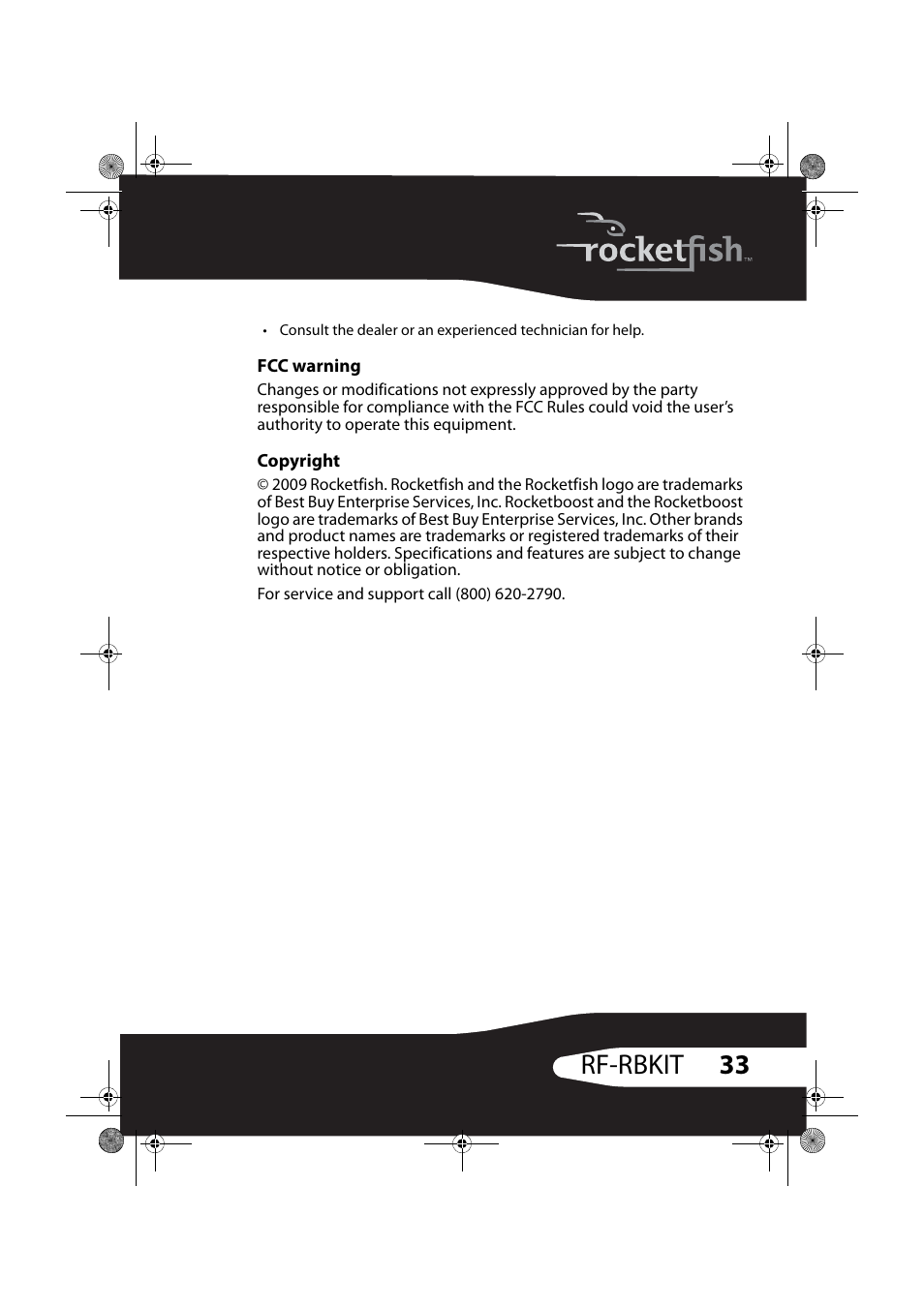 Fcc warning, Copyright, 33 rf-rbkit | RocketFish RF-RBWS02 User Manual | Page 33 / 37