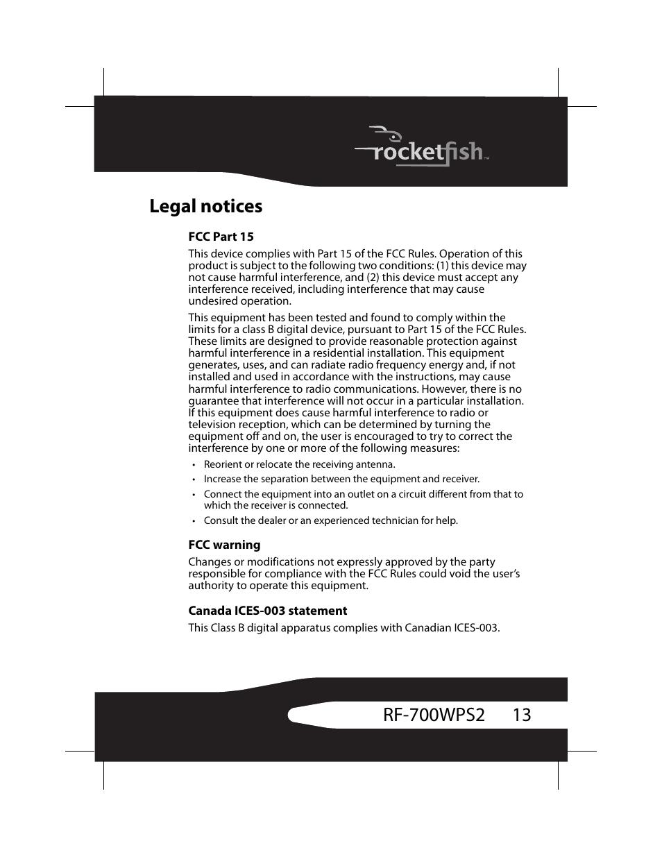 Legal notices, Fcc part 15, Fcc warning | Canada ices-003 statement | RocketFish RF-700WPS2 User Manual | Page 13 / 52