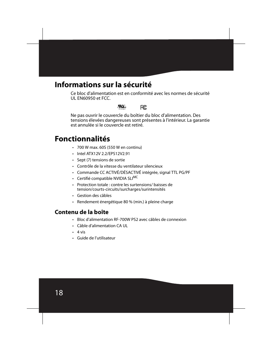 Informations sur la sécurité, Fonctionnalités, Contenu de la boîte | Informations sur la sécurité fonctionnalités, 18 informations sur la sécurité | RocketFish RF-700WPS2 User Manual | Page 18 / 52