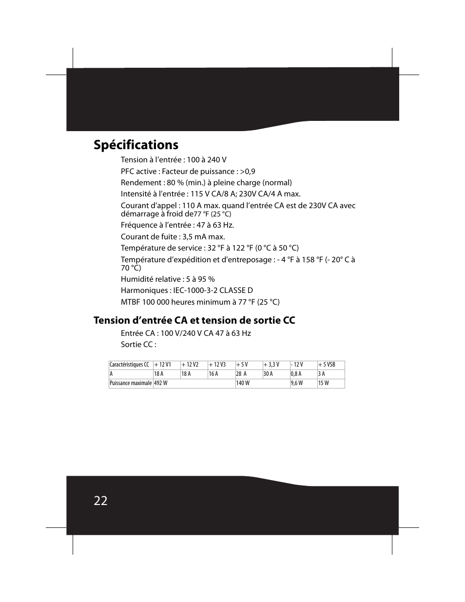 Spécifications, Tension d’entrée ca et tension de sortie cc, 22 spécifications | RocketFish RF-700WPS2 User Manual | Page 22 / 52