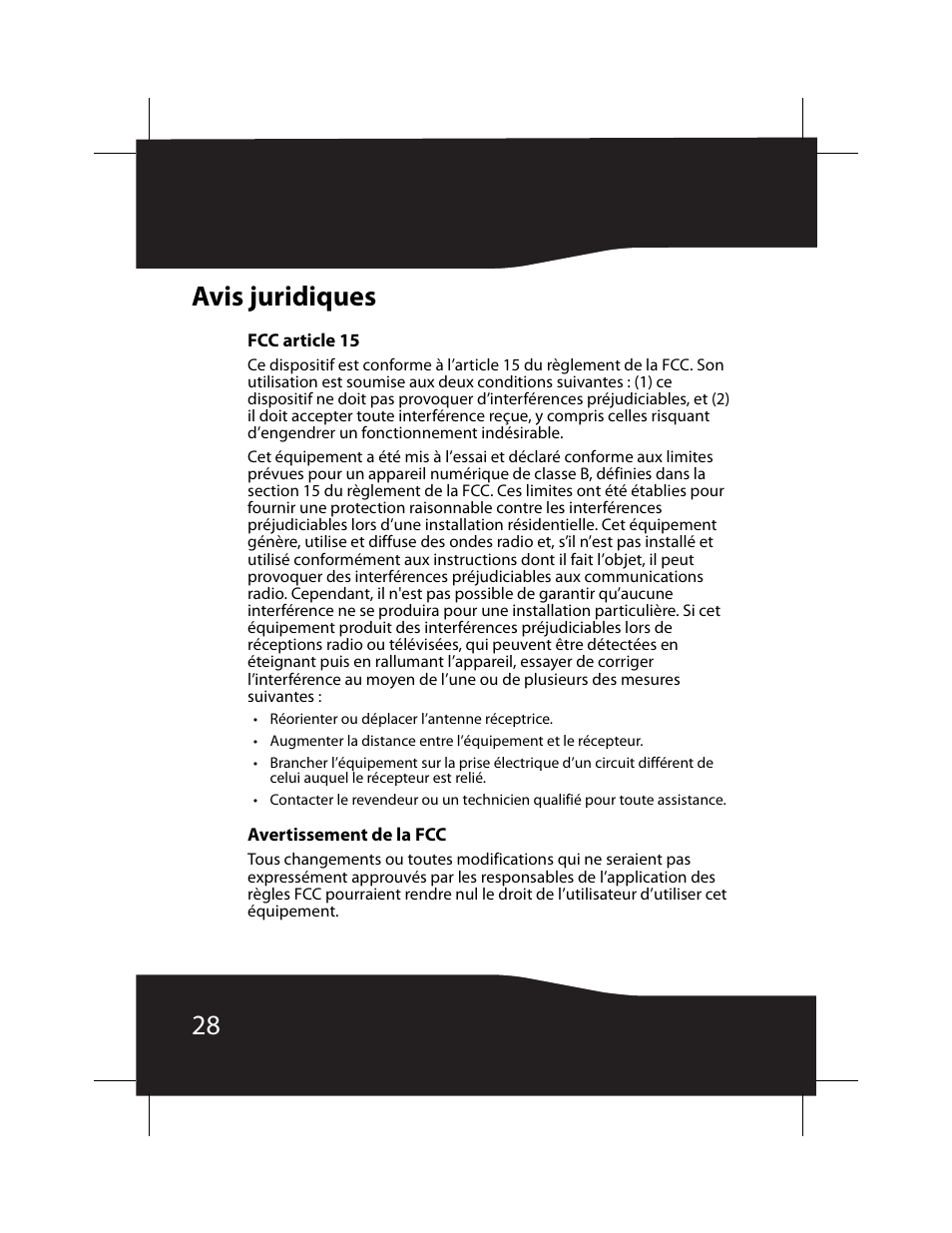 Avis juridiques, Fcc article 15, Avertissement de la fcc | 28 avis juridiques | RocketFish RF-700WPS2 User Manual | Page 28 / 52