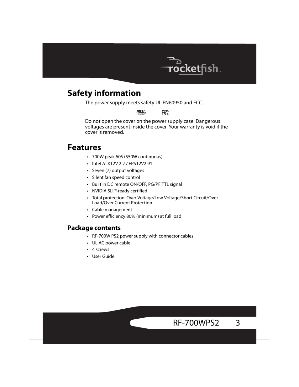 Safety information, Features, Package contents | Safety information features | RocketFish RF-700WPS2 User Manual | Page 3 / 52
