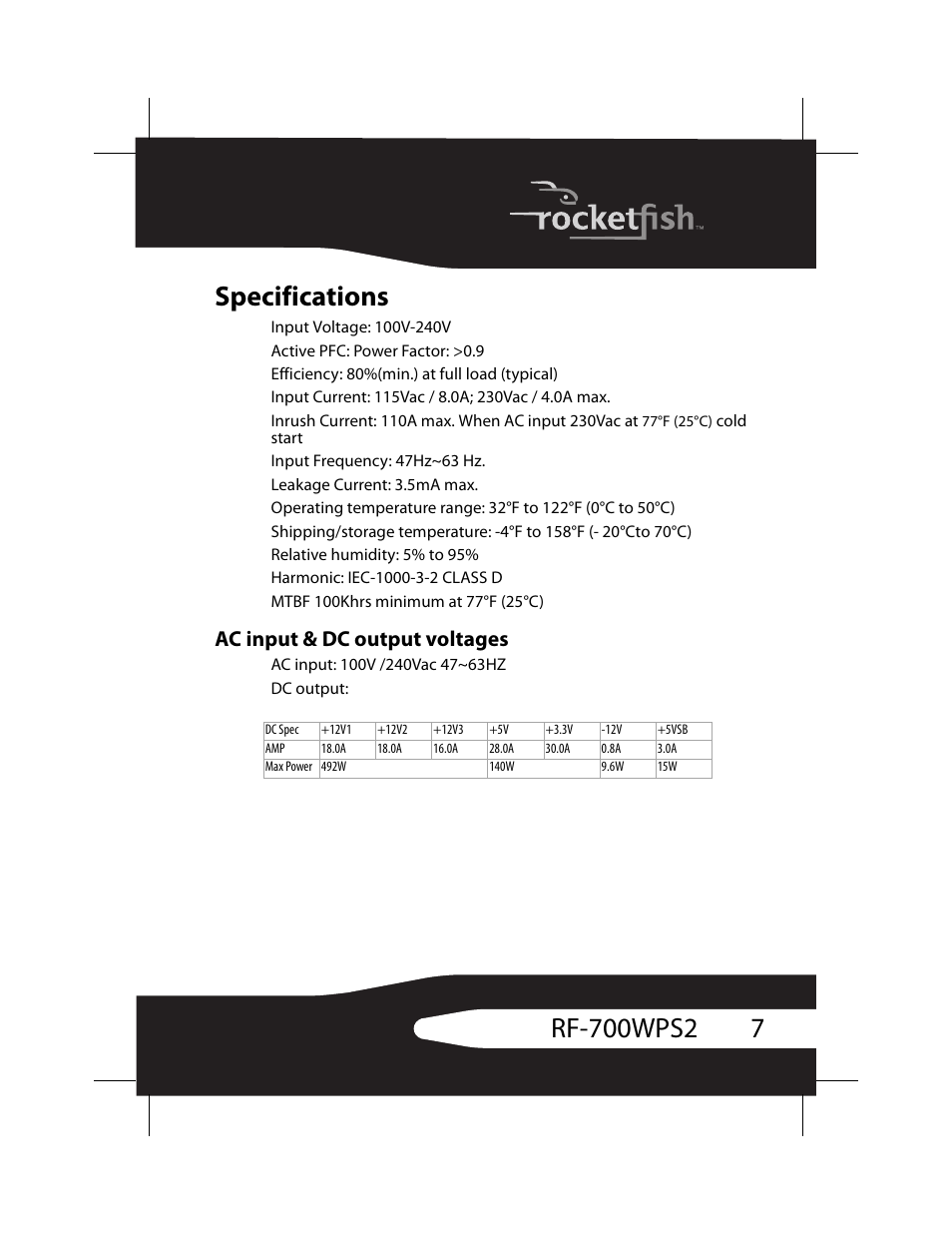 Specifications, Ac input & dc output voltages | RocketFish RF-700WPS2 User Manual | Page 7 / 52