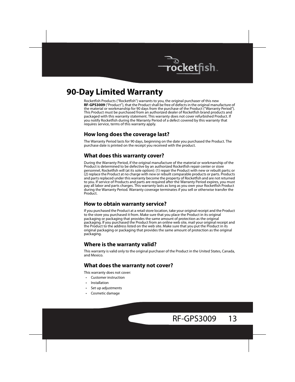 Day limited warranty | RocketFish RF-GPS3009 User Manual | Page 13 / 16