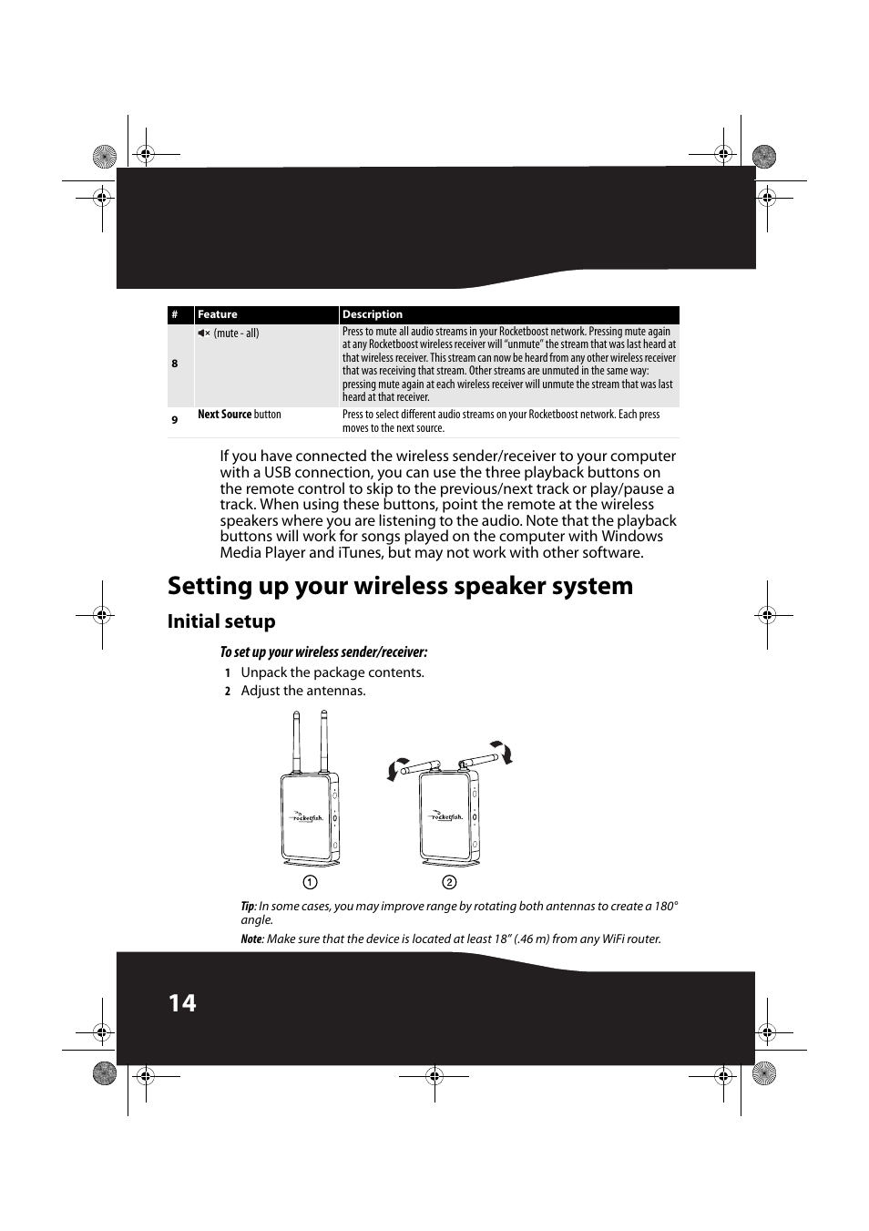 Setting up your wireless speaker system, Initial setup, To set up your wireless sender/receiver | RocketFish ROCKETBOOST RF-RBWS01 User Manual | Page 14 / 35