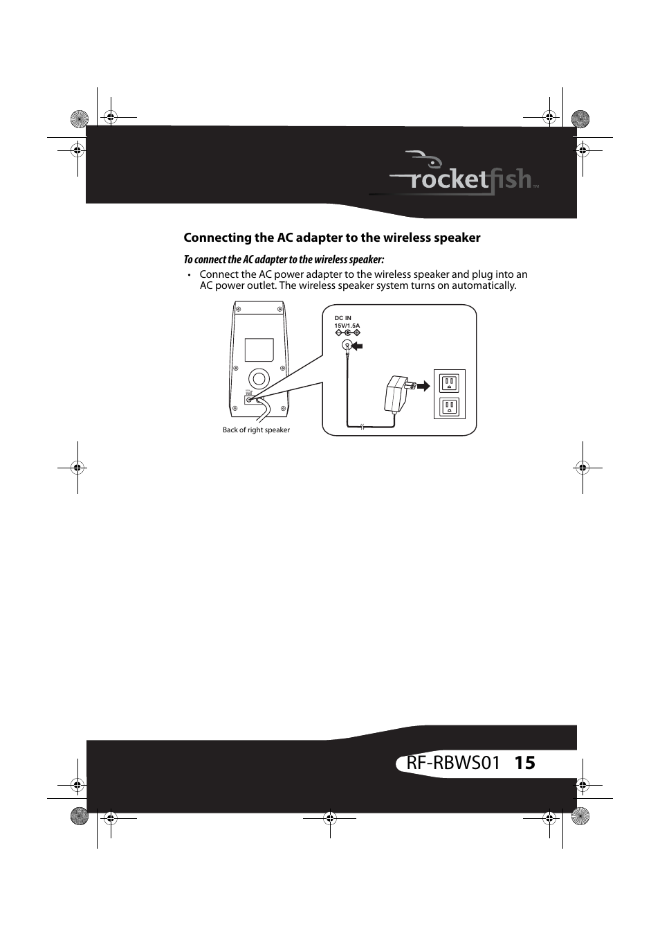 Connecting the ac adapter to the wireless speaker, To connect the ac adapter to the wireless speaker, 15 rf-rbws01 | RocketFish ROCKETBOOST RF-RBWS01 User Manual | Page 15 / 35