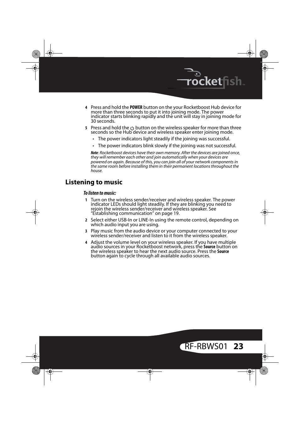 Listening to music, To listen to music, 23 rf-rbws01 | RocketFish ROCKETBOOST RF-RBWS01 User Manual | Page 23 / 35