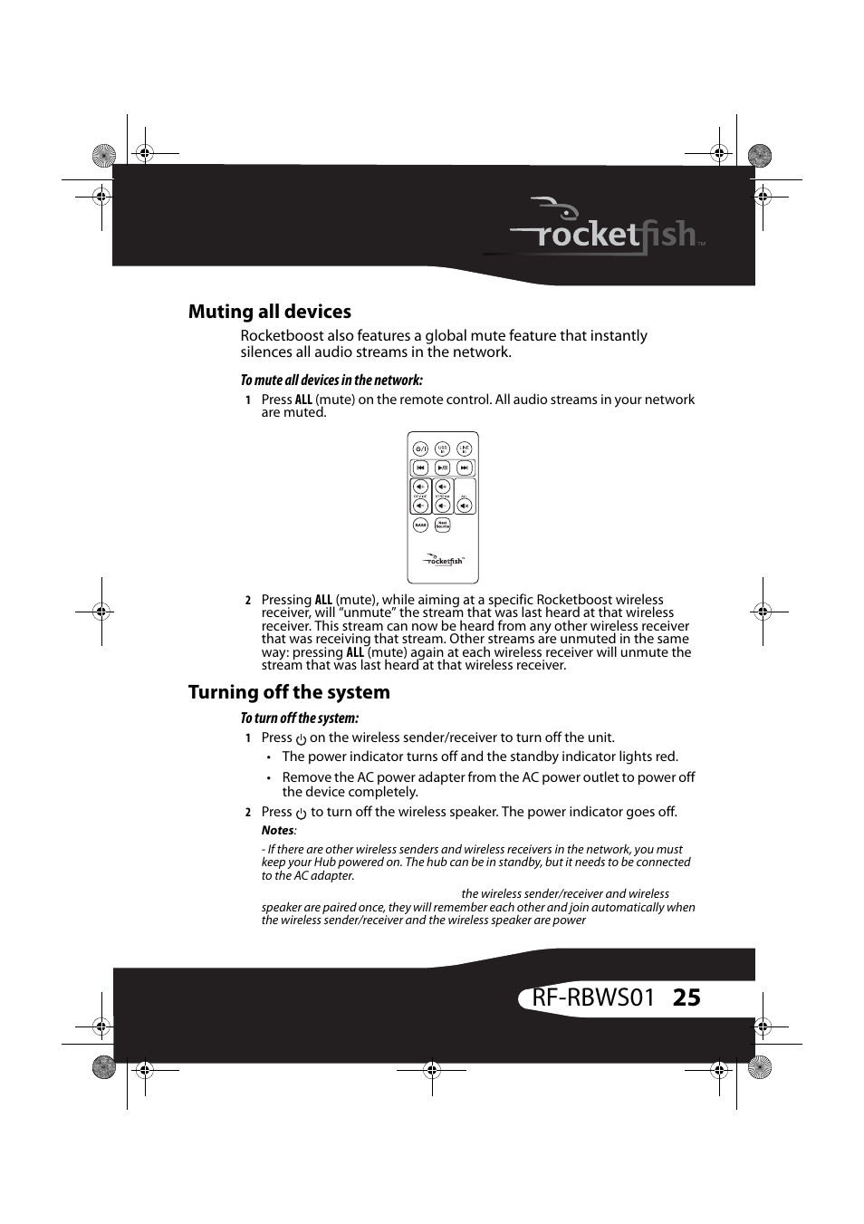 Muting all devices, To mute all devices in the network, Turning off the system | To turn off the system, 25 rf-rbws01 | RocketFish ROCKETBOOST RF-RBWS01 User Manual | Page 25 / 35