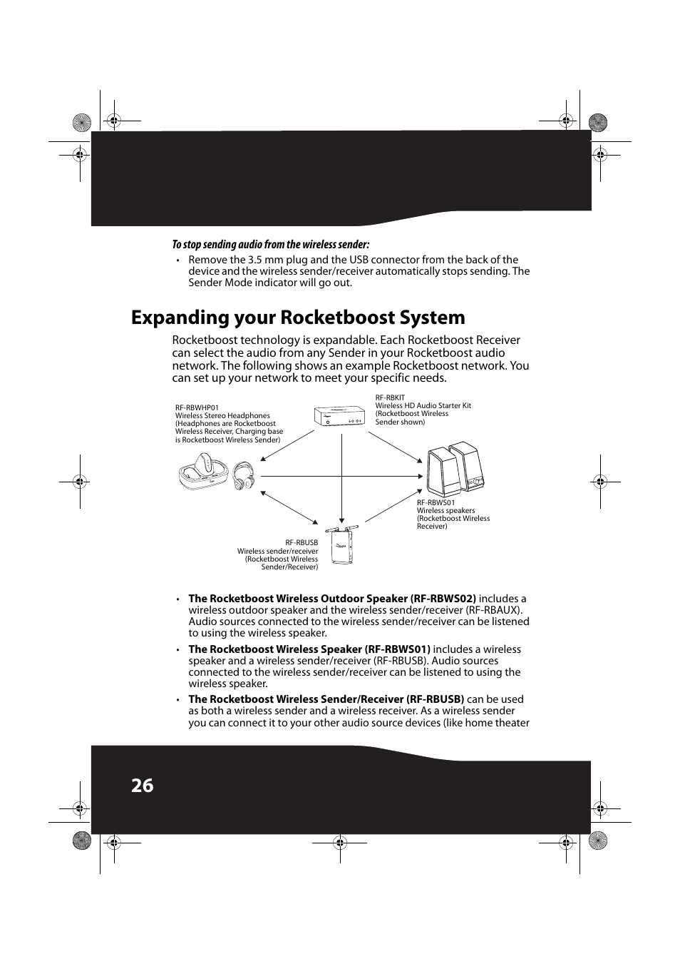 To stop sending audio from the wireless sender, Expanding your rocketboost system | RocketFish ROCKETBOOST RF-RBWS01 User Manual | Page 26 / 35