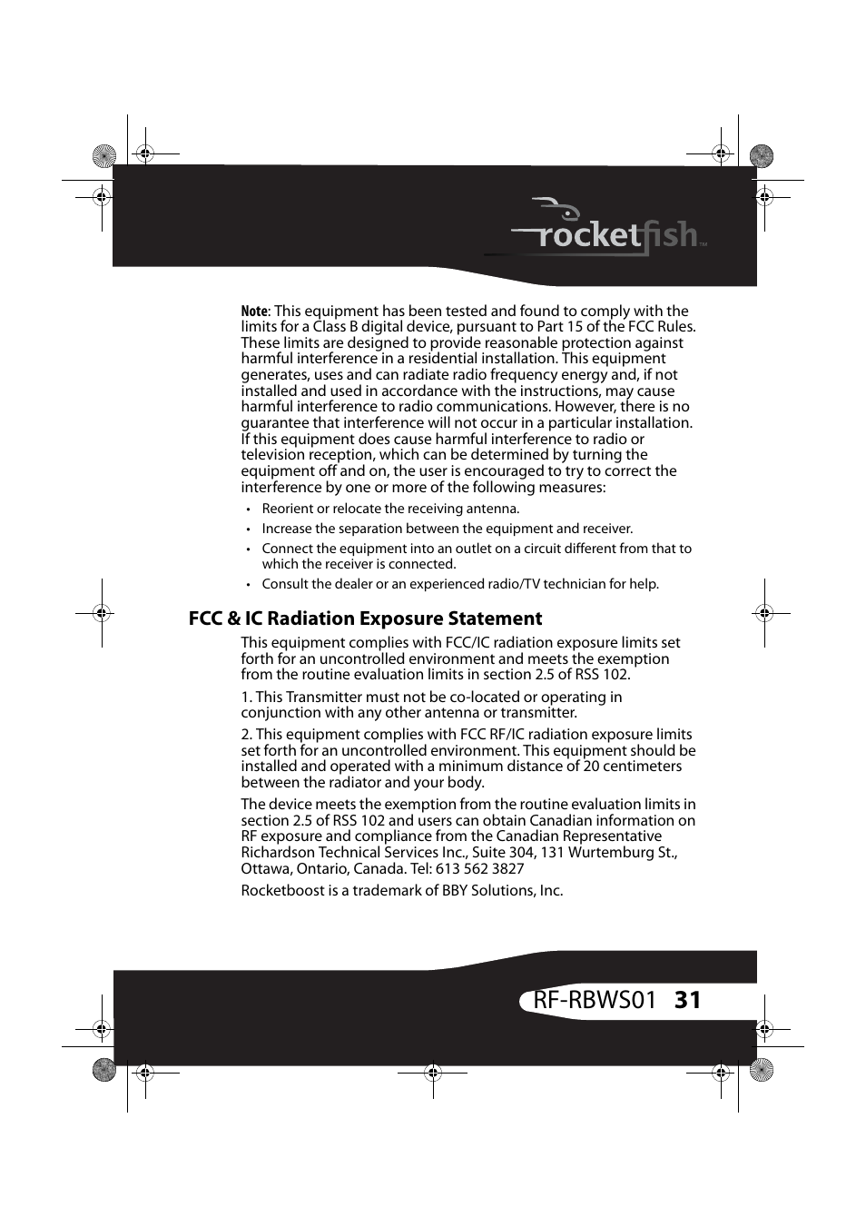 Fcc & ic radiation exposure statement, 31 rf-rbws01 | RocketFish ROCKETBOOST RF-RBWS01 User Manual | Page 31 / 35