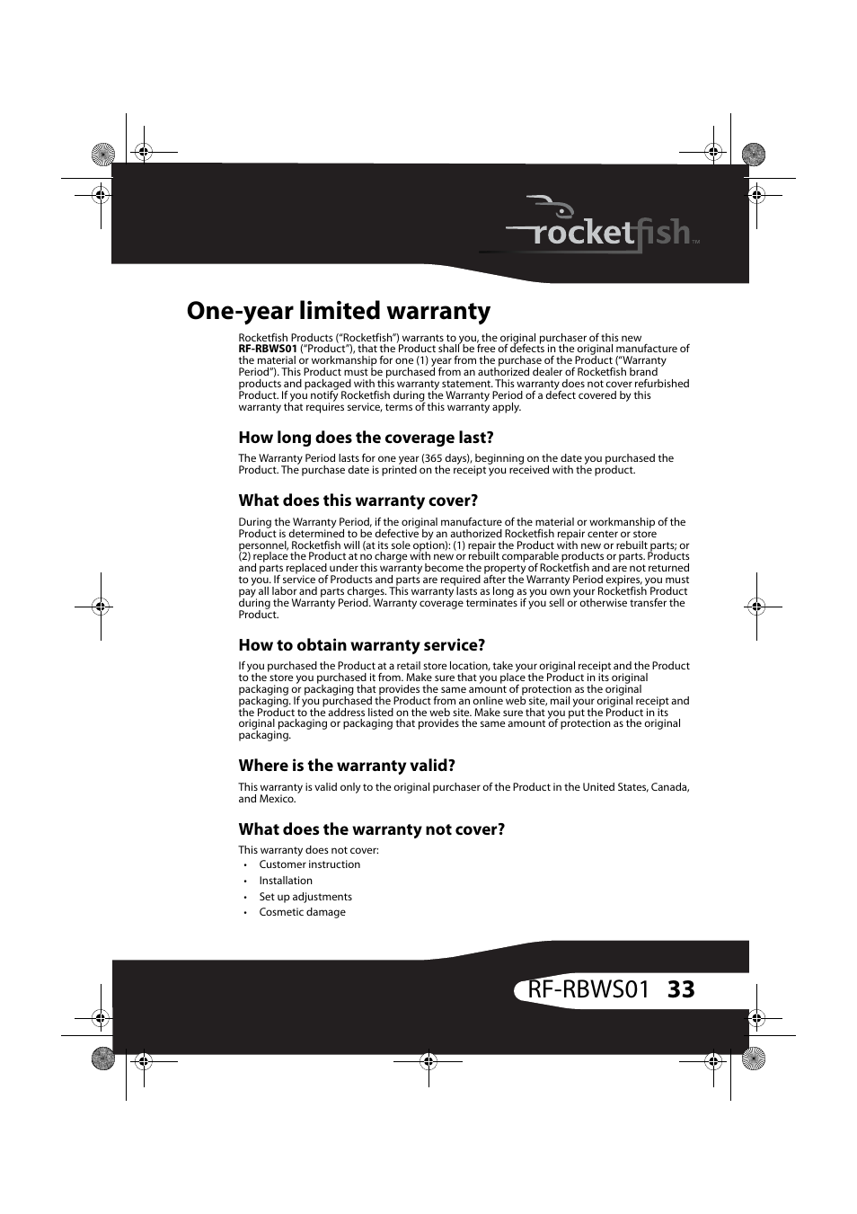 One-year limited warranty, How long does the coverage last, What does this warranty cover | How to obtain warranty service, Where is the warranty valid, What does the warranty not cover, 33 rf-rbws01 one-year limited warranty | RocketFish ROCKETBOOST RF-RBWS01 User Manual | Page 33 / 35