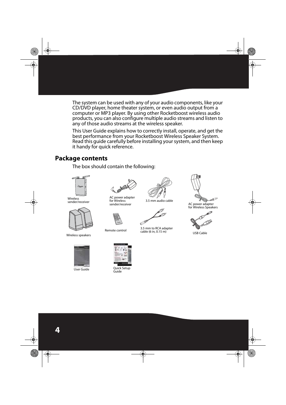 Package contents | RocketFish ROCKETBOOST RF-RBWS01 User Manual | Page 4 / 35