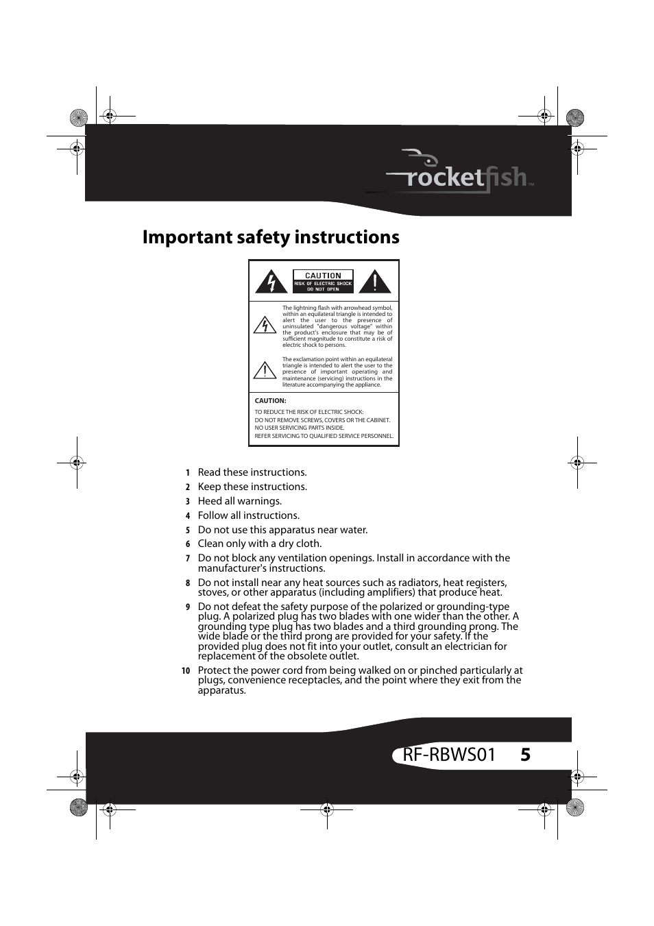 Important safety instructions, 5rf-rbws01 important safety instructions | RocketFish ROCKETBOOST RF-RBWS01 User Manual | Page 5 / 35