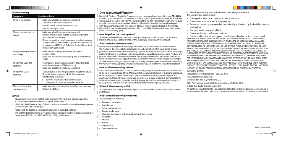 One-year limited warranty | RocketFish RF-HDMI4 User Manual | Page 2 / 2