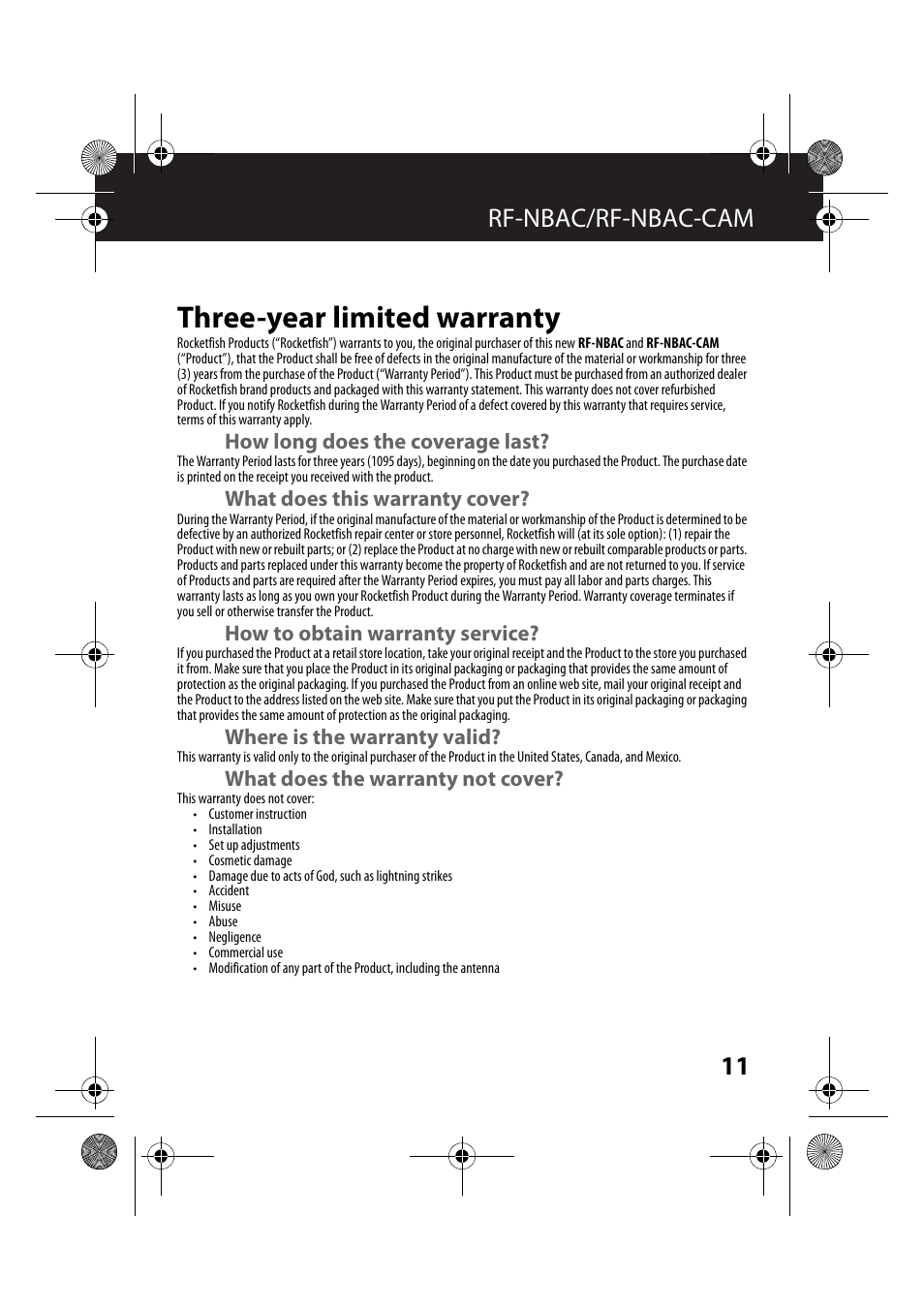 Three-year limited warranty, How long does the coverage last, What does this warranty cover | How to obtain warranty service, Where is the warranty valid, What does the warranty not cover, 11 rf-nbac/rf-nbac-cam | RocketFish RF-NBAC-CAM User Manual | Page 11 / 13