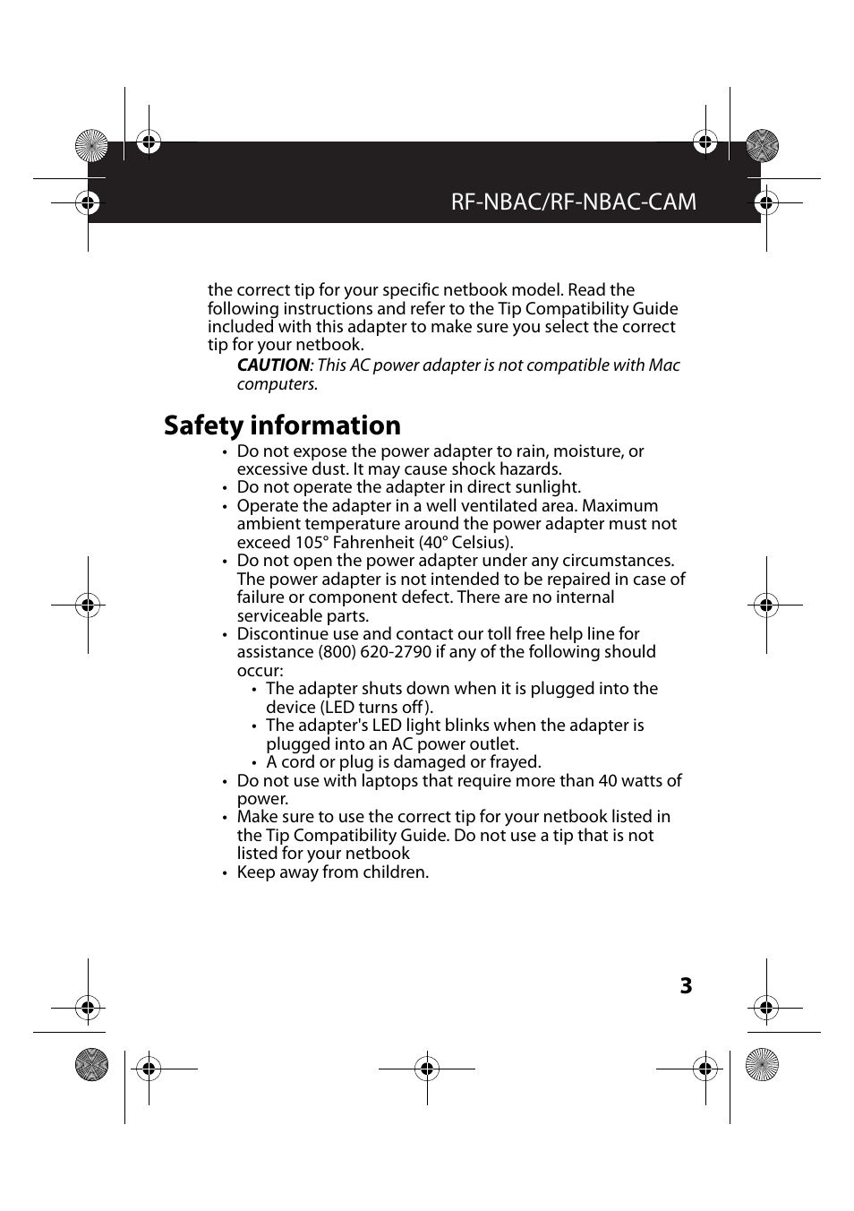Safety information, 3rf-nbac/rf-nbac-cam | RocketFish RF-NBAC-CAM User Manual | Page 3 / 13