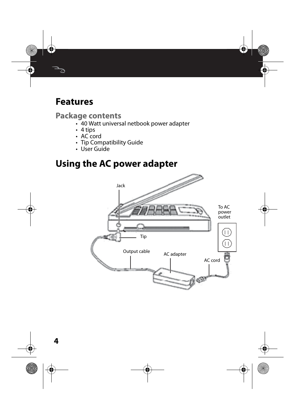 Features, Package contents, Using the ac power adapter | Features using the ac power adapter | RocketFish RF-NBAC-CAM User Manual | Page 4 / 13