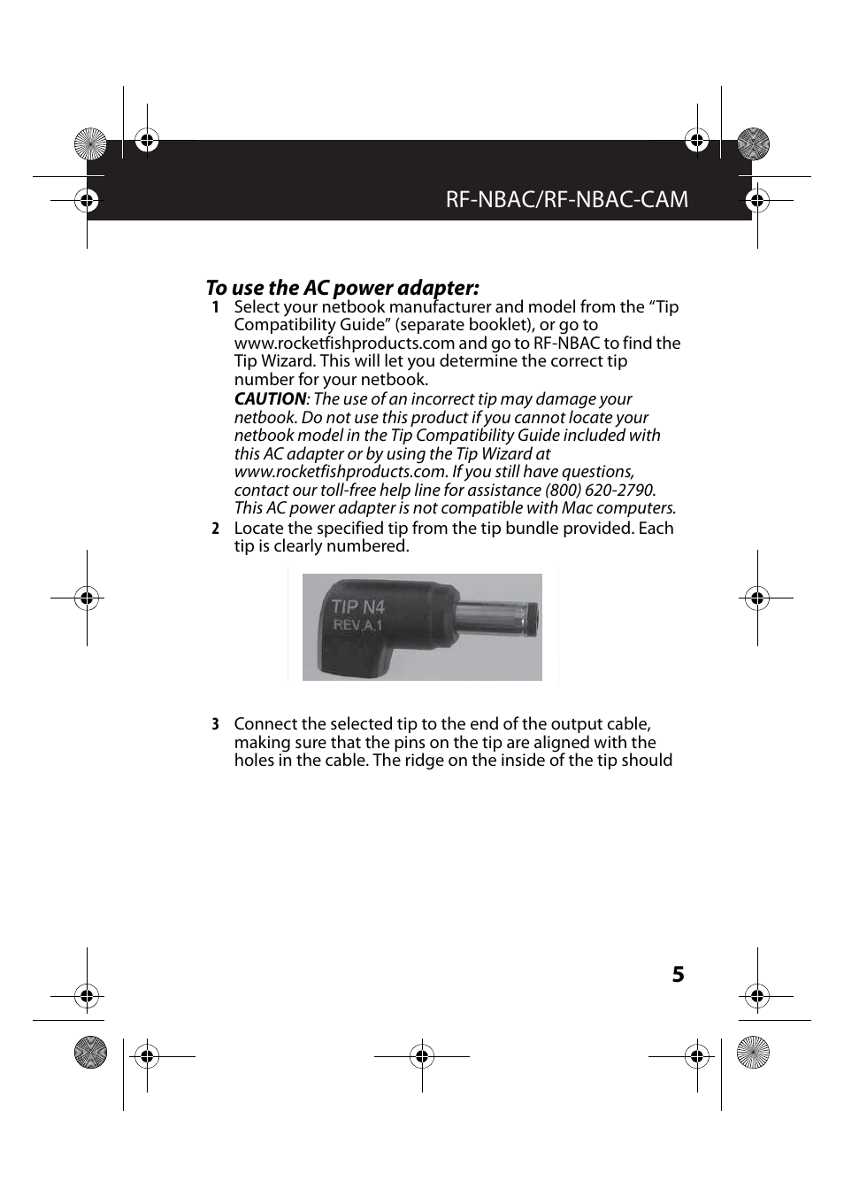 To use the ac power adapter, 5rf-nbac/rf-nbac-cam | RocketFish RF-NBAC-CAM User Manual | Page 5 / 13