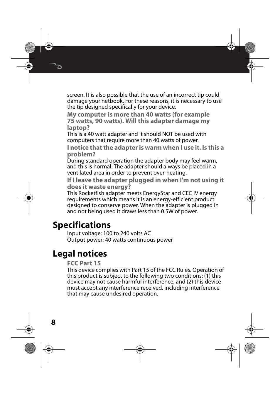 Specifications, Legal notices, Fcc part 15 | Specifications legal notices | RocketFish RF-NBAC-CAM User Manual | Page 8 / 13