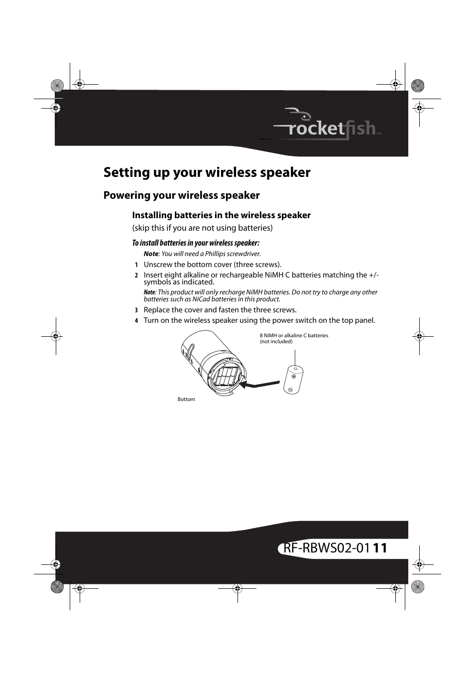 Setting up your wireless speaker, Powering your wireless speaker, Installing batteries in the wireless speaker | To install batteries in your wireless speaker | RocketFish ROCKETBOOST RF-RBWS02-01 User Manual | Page 11 / 31
