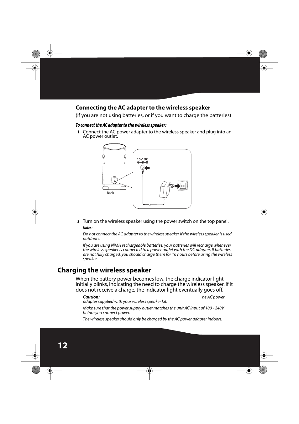 Connecting the ac adapter to the wireless speaker, To connect the ac adapter to the wireless speaker, Charging the wireless speaker | RocketFish ROCKETBOOST RF-RBWS02-01 User Manual | Page 12 / 31
