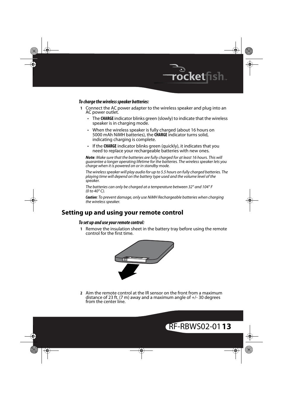 To charge the wireless speaker batteries, Setting up and using your remote control, To set up and use your remote control | RocketFish ROCKETBOOST RF-RBWS02-01 User Manual | Page 13 / 31