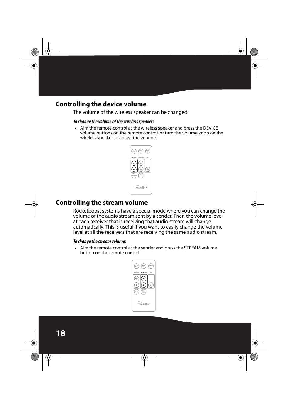 Controlling the device volume, To change the volume of the wireless speaker, Controlling the stream volume | To change the stream volume | RocketFish ROCKETBOOST RF-RBWS02-01 User Manual | Page 18 / 31