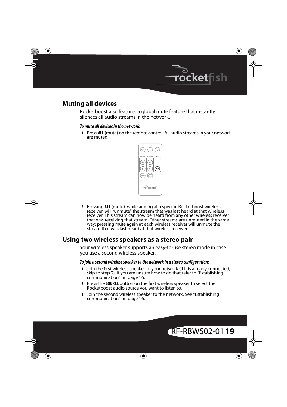 Muting all devices, To mute all devices in the network, Using two wireless speakers as a stereo pair | RocketFish ROCKETBOOST RF-RBWS02-01 User Manual | Page 19 / 31