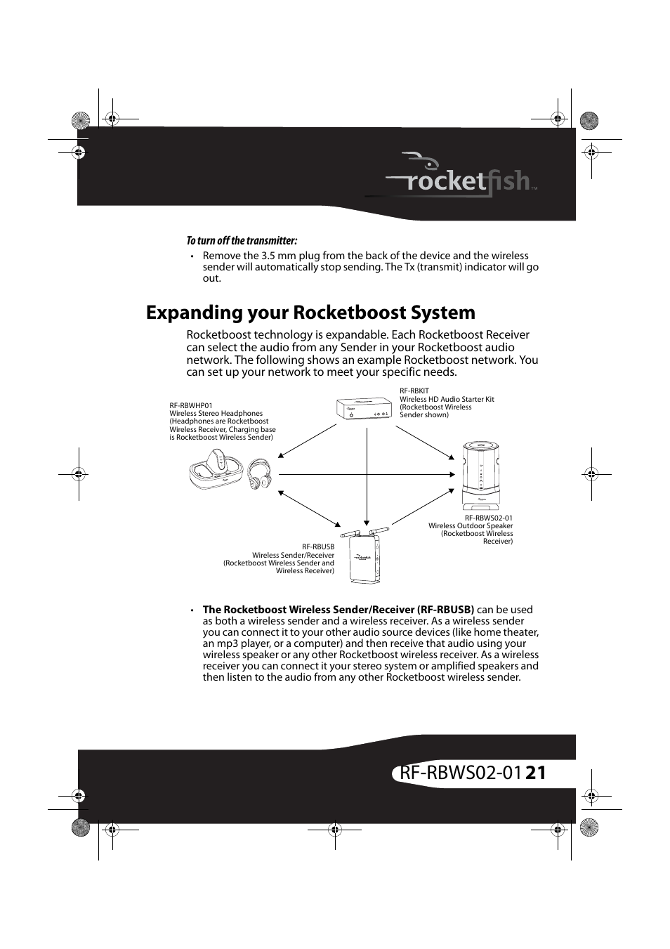 To turn off the transmitter, Expanding your rocketboost system | RocketFish ROCKETBOOST RF-RBWS02-01 User Manual | Page 21 / 31