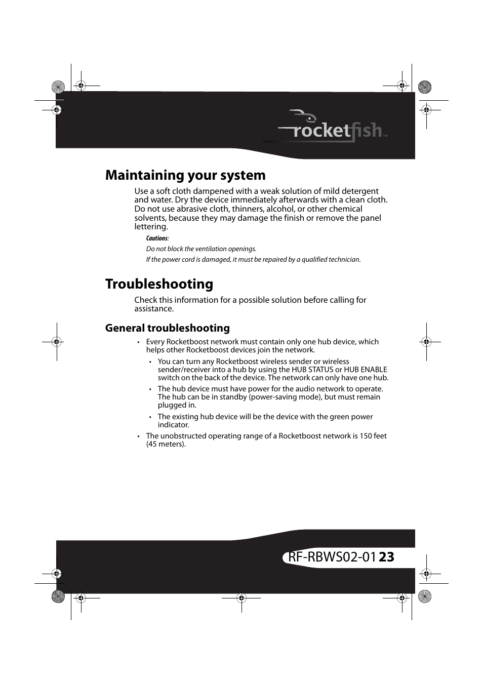 Maintaining your system, Troubleshooting, General troubleshooting | Maintaining your system troubleshooting | RocketFish ROCKETBOOST RF-RBWS02-01 User Manual | Page 23 / 31