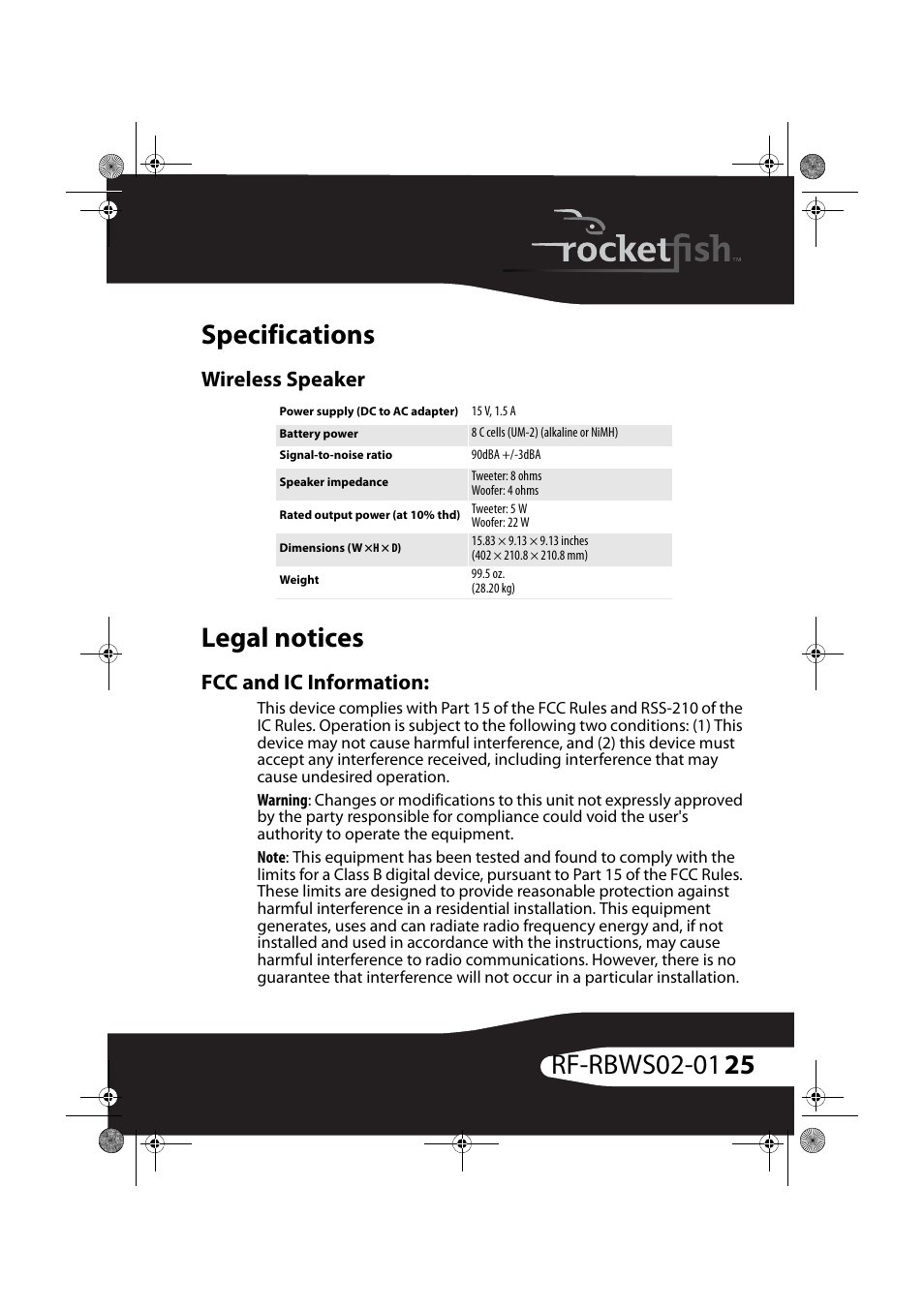 Specifications, Wireless speaker, Legal notices | Fcc and ic information, Specifications legal notices | RocketFish ROCKETBOOST RF-RBWS02-01 User Manual | Page 25 / 31