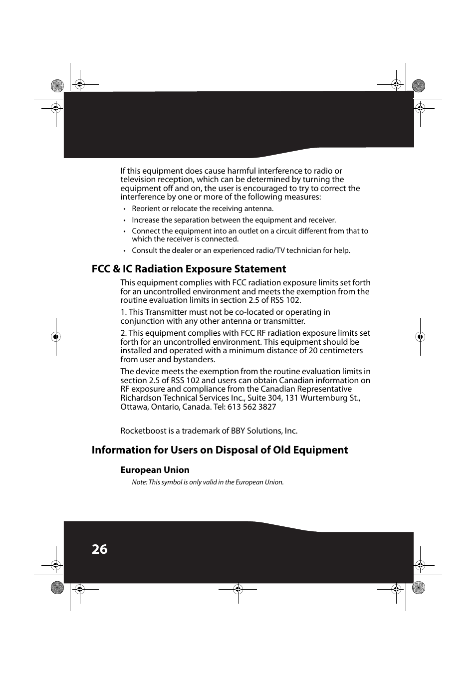 Fcc & ic radiation exposure statement, Information for users on disposal of old equipment, European union | RocketFish ROCKETBOOST RF-RBWS02-01 User Manual | Page 26 / 31